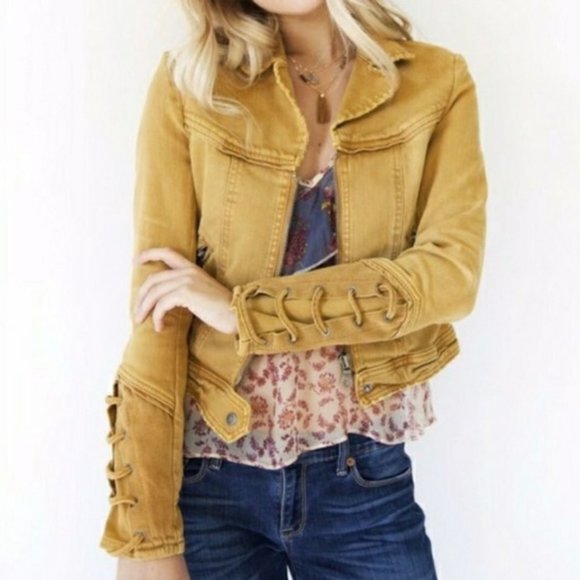 Yellow Denim Moto Jacket Lace Up Cuffs 